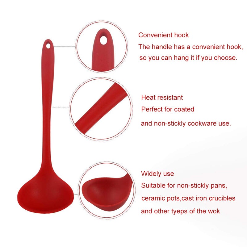 W WBLD Silicone Ladle Soup Spoon Set of 2, Nonstick Heat Resistant Long Handle Unbreakable Big Round Scoop for Home Kitchen Cooking,Red and Black - Image 3